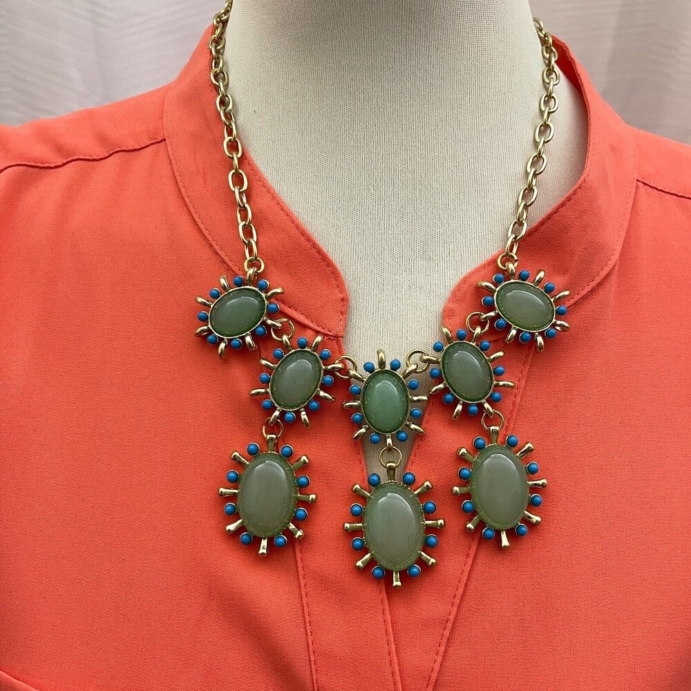 Fashion Beyond Oval Green Blue Gold-tone Chain Women's Bib Necklace NWT